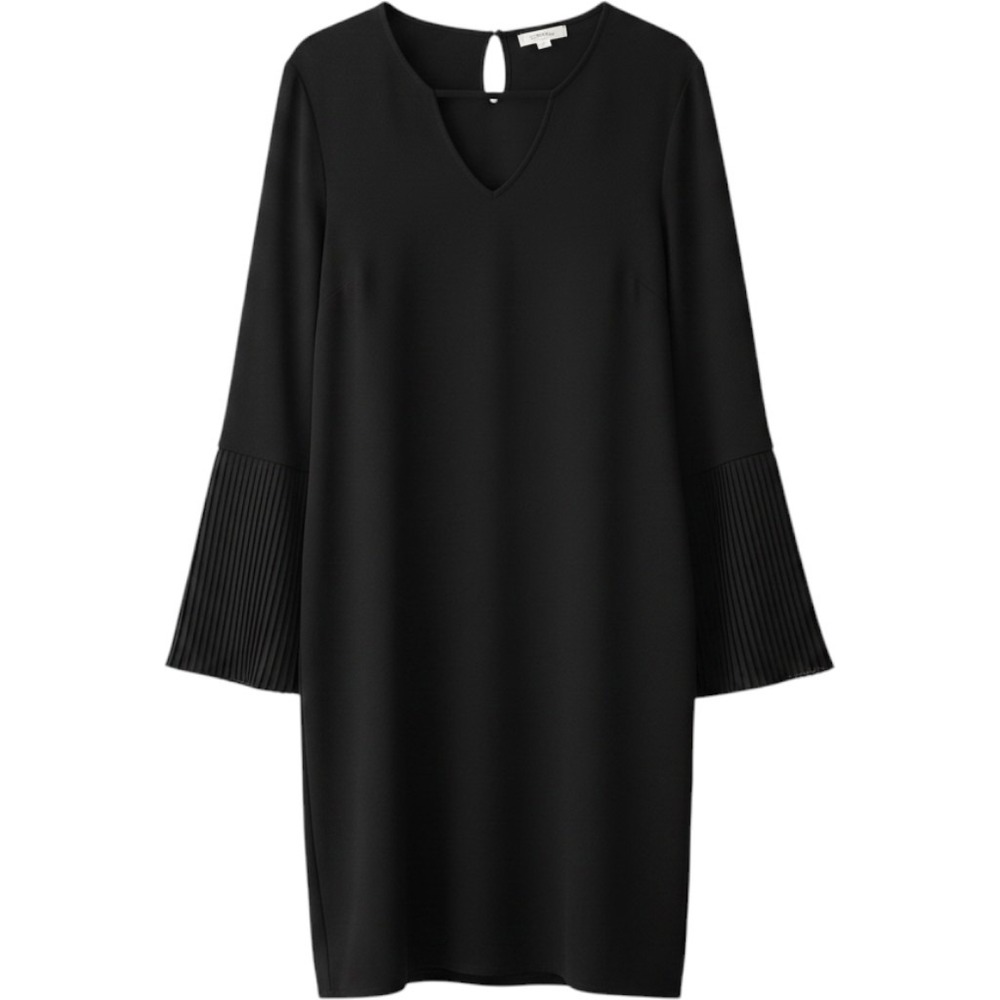 Halston Dress Women Medium Black Excellent‎ Pleated Bell Sleeve V-Neck Shift